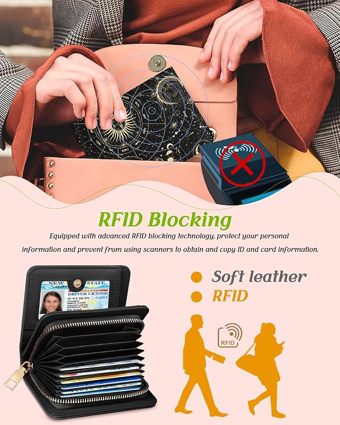 Bistup Credit Card Holder Wallet for Women Cute Leather Ladies Teen Girls Female Cardholder Wallets Accordion Purse Small Medium Aesthetic Print Stars Modern Design Rfid Zipper Around