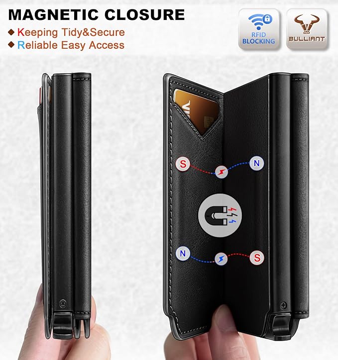 BULLIANT Men Wallet Leather Wallet Card Holders Money Clip for Men 10Cards-Magnetic Flip on Metal Case