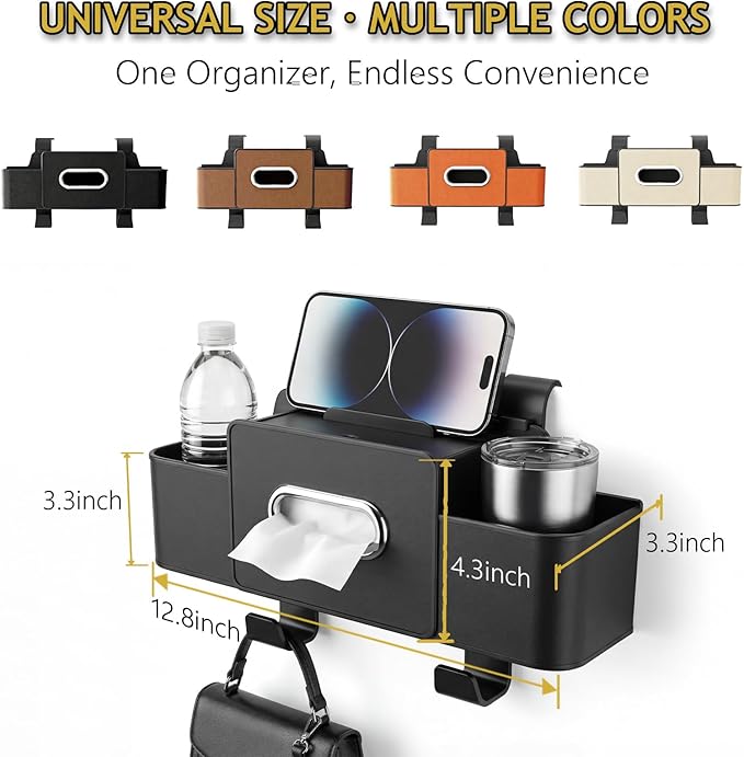 Backseat Car Organizer, 4 in 1 Multifunctional Car Back Seat Storage Organizer with Tissue Box, 2 Cup Holders, Phone Stand and Hooks, Automotive Seat Back Organizers (Brown)