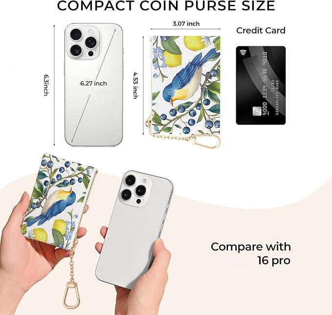 Hummingbird Keychain Coin Purse for Women, Small PU Leather Change Pouch, Zipper Little Bird Tiny Travel Wallet for Girls, Cute Kawaii Zip Pocket Coin Holder with Key Ring