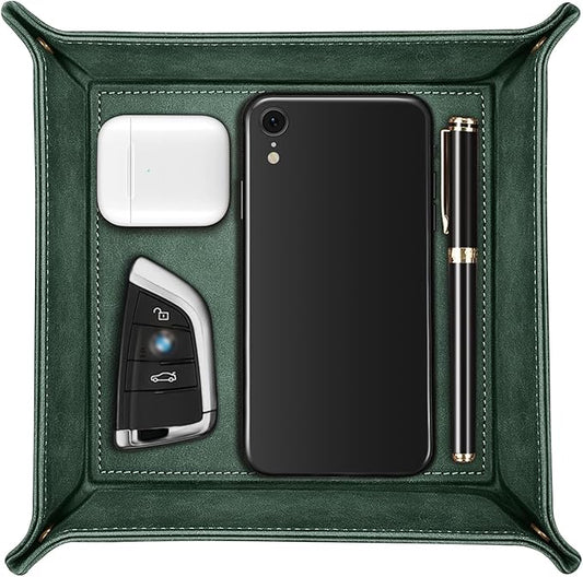 SITHON Valet Tray Desktop Storage Organizer – Premium PU Leather Catchall Bedside Vanity Tray Nightstand Caddy Holder for Keys, Phone, Wallet, Coin, Valentine's Day Gift, Dark Green