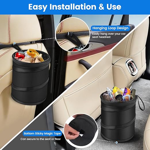 2 Pack Mini Trash Can for Car, Leakproof Pop-Up Car Trash Can with Hanging Loop, Washable Small Garbage Can Hanging Automotive Garbage Cans Trash Bin for Truck Auto SUV Vehicle RV Camping, 1 Gallon