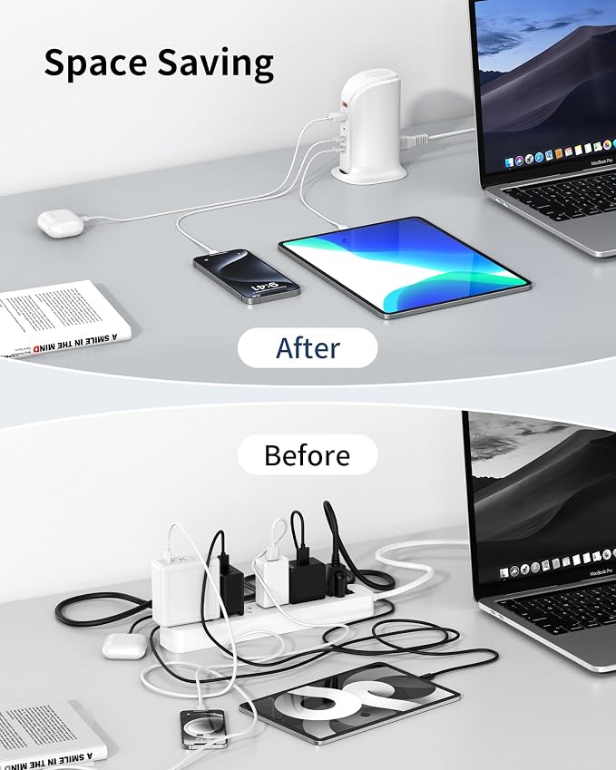 Charging Station for Multiple Devices: 5 USB Ports Wall Charger Block with Extension Cord, PD 20W Fast Charging Hub Charger Tower for iPhone iPad Tablets Smartphones, Home Office Use (White)