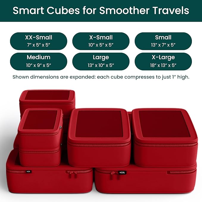 NOBL Travel Compressible Packing Cubes Set, 6 Pieces Travel Packing Organizers, Compression Luggage Cubes for Suitcases & Carry On, Space Saving - Cherry Red