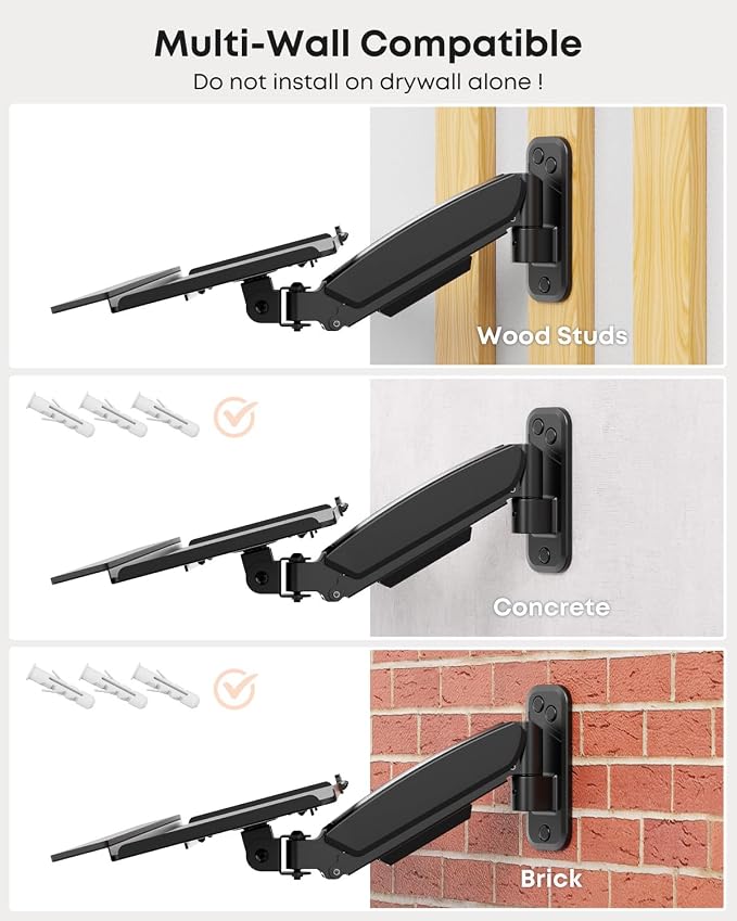 PUTORSEN Compact Wall Mount Keyboard Tray, Sit Stand 26 Inch Keyboard and Mouse Wall Mount with Spring Arm, Height Adjustable Ergonomic Typing Platform with Anti-Slip & Wrist Pad, Holds up to 19.8 lbs