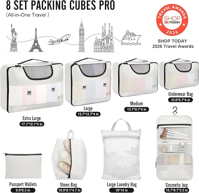 Veken 8 Set Packing Cubes for Travel Essentials, Suitcase Organizer Bags in 4 Sizes, Carry-On Luggage Accessories with Large Laundry & Hanging Toiletry Bag, Must-Have for Airplane, Road Trip & Camping
