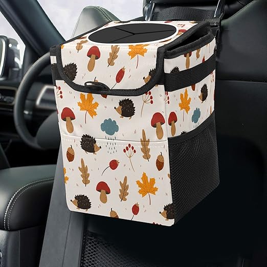Car Trash Can Hedgehogs Maple Leaves Mushroom Wate-rproof Auto Garbage Bag Car Trash Can with Lid Leak-Proof Car Storage Bag Hanging for Headrest Collapsible and Portable with Storage Mesh Pocket