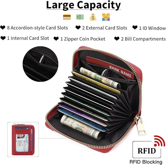 GAEKEAO Wallet Women RFID Blocking Leather Small Compact Zip-Around Credit Card Holder with ID Window & Zipper Pocket