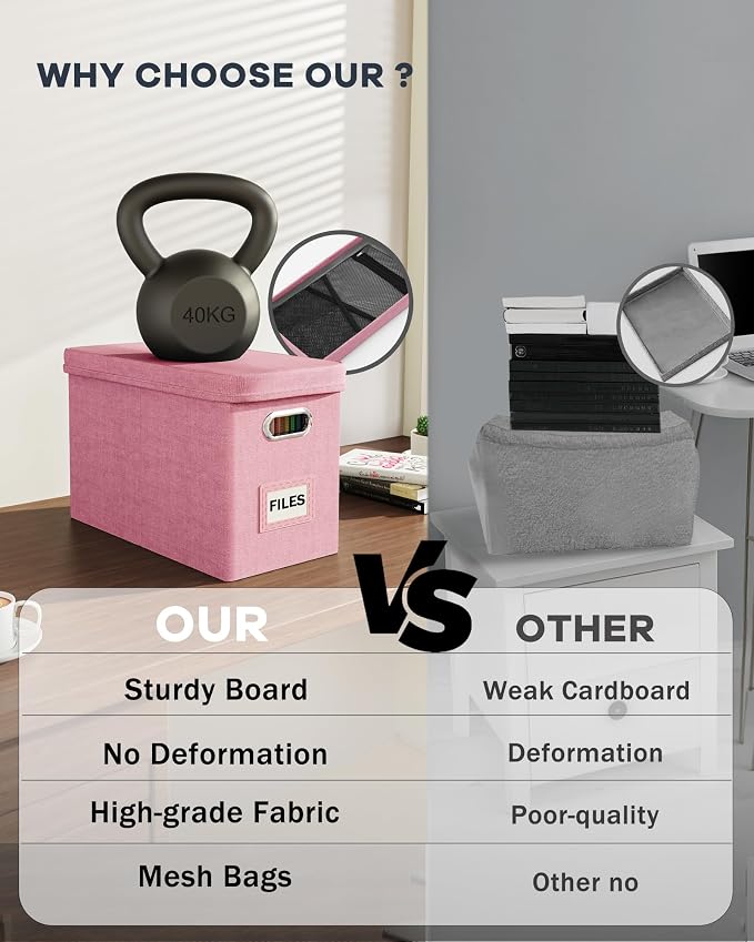Oterri File Organizer With Lid, Hanging Filing Box With Mesh Pocket, Document Organizer for Letter Files, Portable Storage With Smooth Sliding Rail for Office & Home (2 PCS, Pink)