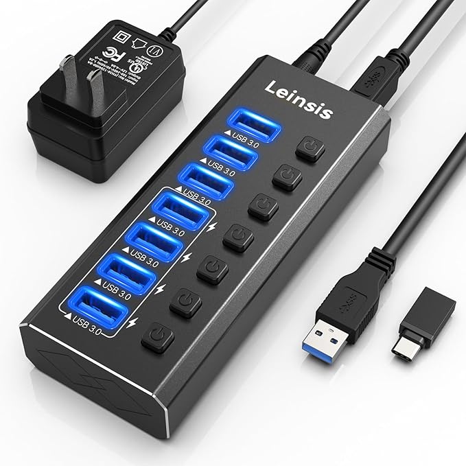 Powered USB Hub 3.0, Leinsis 7-Port USB 3.0 Hub [Durable Aluminum] 7 Data Transfer Ports+ 4 Smart Charging Ports with Individual On/Off Switches, USB Hub 3.0 Powered with Power Adapter for Laptop PC