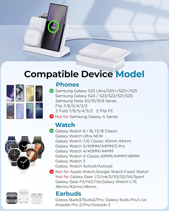 EGV Wireless Charger for Samsung – 3 in 1 Wireless Charging Station for Galaxy S26 Ultra S25 S24, Z Fold Flip 7/6, Detachable Watch Charger for Galaxy Ultra 8/7/6, Foldable, Fast Charging, White