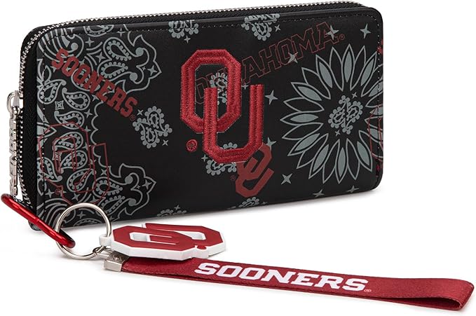 Oklahoma Sooners Wristlet Purse Licensed, OU Team Clutch Wallet with RFID Blocking Card Slot, Zipper Purse for Fan Gifts, Game Day, Travel Essentials | Black, NC-OU011BK