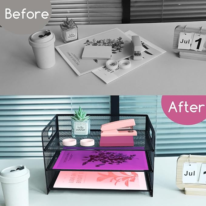 3 Tier Lettrer Tray Organizer with Handle, Metal Mesh Desk File Organizer with Sliding Trays, Paper Sorter Desk for Home Office School, Black