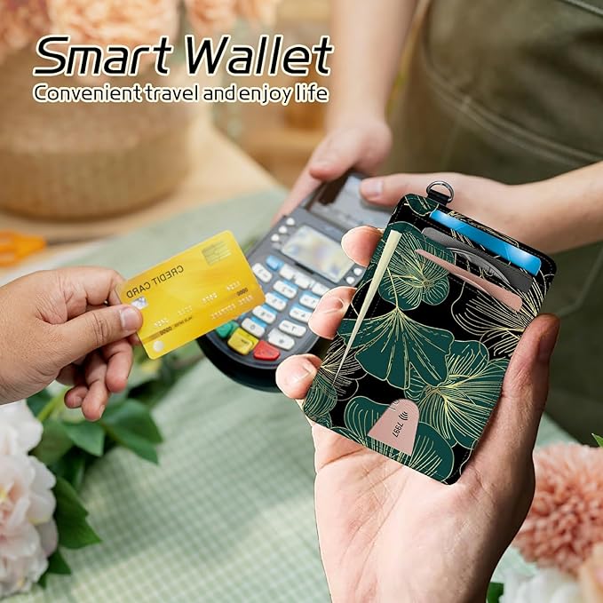 Small Travel Wallets, Art Leaf Slim Minimalist Front Pocket Wallet with Wristlet, RFID Blocking PU Leather Credit Card Holder with ID Window Change Purse for Men Women