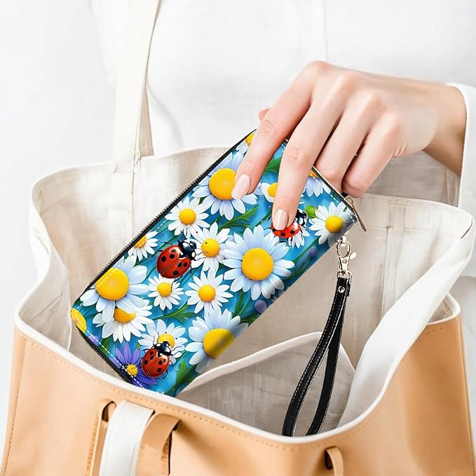 Ladybug on Daisy Flower Print Women Large Capacity PU Leather Zip Around Wallet, Multifunctional Clutch Purse for Cash/Card/Coin/Smart Phone