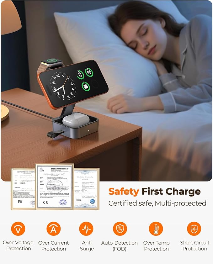 3 in 1 Wireless Charging Station for Apple Multiple Devices, Foldable Travel MagSafe Charger Stand with 20W PD Adapter for iPhone 17 16 15 14 13, Apple Watch, AirPods Pro/4 - Space Grey