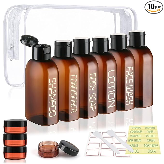Cosywell Travel Bottles for Toiletries 10PCS Plastic Squeeze Bottles TSA Approved Travel Size Containers Leakproof Plastic Cream Jars Refillable Cream Lotion Travel Essential Toiletries
