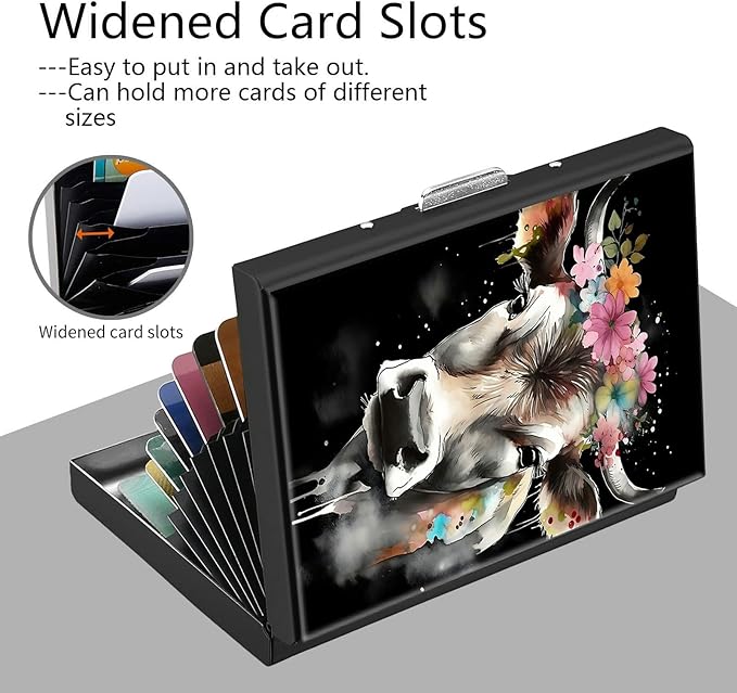Credit Card Holder, Watercolor Cow Design Mini RFID Blocking Aluminum Wallet Slim Metal Hard Case Shell Travel Wallet ID Case Small Credit Cards Case Business Cards for Women Men Girls