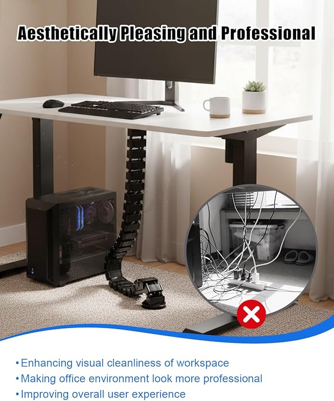 Under Desk Vertebrae Cable Management Fit for Sit Stand Desk, Chain Raceway Cable Management, Magnetic Flexible Wire Spine Adjustable Length, Black