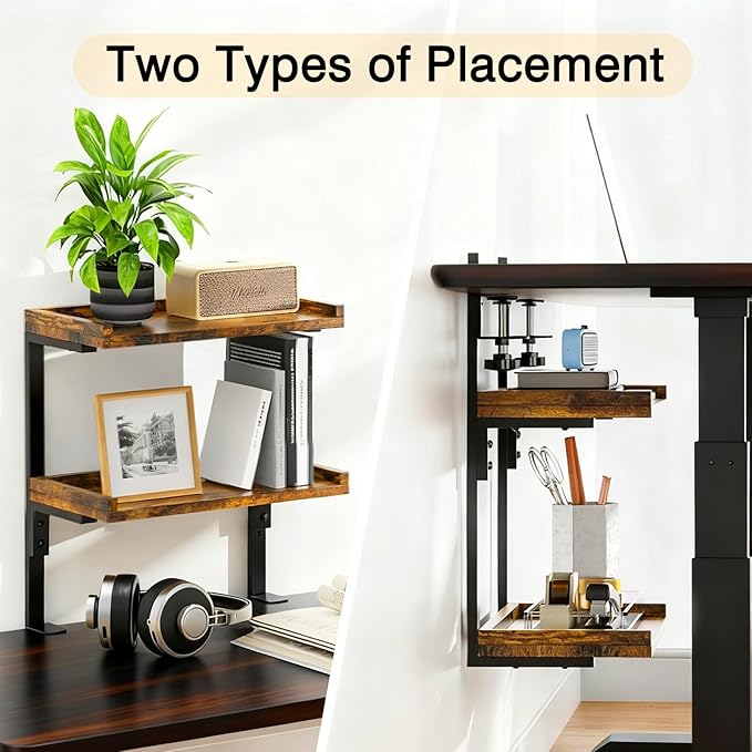 2-Tier Clamp-On Desk Shelf, 12.5" Wooden Desktop Storage Rack for Office Desk & Gaming Setup, Tabletop Organizer for Books, Accessories, Top or Under-Desk Mounted Shelf, Brown
