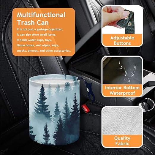 Mountain Forest Car Trash Can Waterproof Garbage Can Car-Seat Back Hanging Trash Bag Portable Camping Waste Bin Storage Bag Collapsible Rubbish Container for Cars (5.9" W,7.2" H)