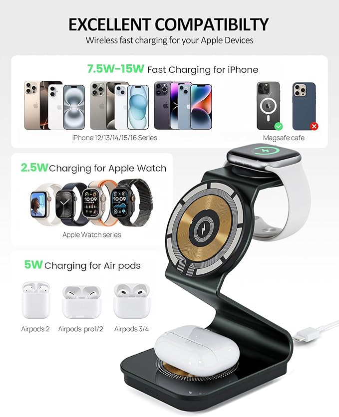 Wireless Cell Phone Charger Station 3 in 1, Magnetic Wireless Fast Phone Charger Dock Stand for iPhone 16/15/14/13/12/Apple Watch/AirPods Pro, 15W USB-C iPhone Wireless Charger, Black