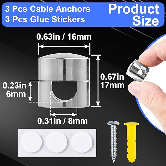 3 Sets Charger Holders for Cords, Silver Adjustable Cable Anchor Holders, Adhesive Metal Cord Clips, Cable Management Wire Organizers for Desk, Office, Nightstand