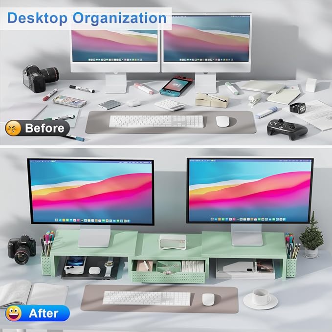 gianotter Dual Monitor Stand Riser, Desk Organizer With Drawer and 2 Pen Holders, Computer Monitor Stand, Desk Shelf for Top of Desk (Sage Green)