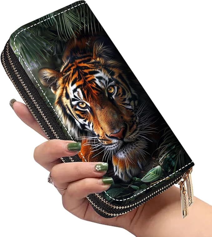 Women's Large Capacity Wallet PU Leather Double Zipper Clutch Purse Multifunctional Wallet with Removable Wristlet Strap for Smart Phone/Coin/Card/Cash - Tiger