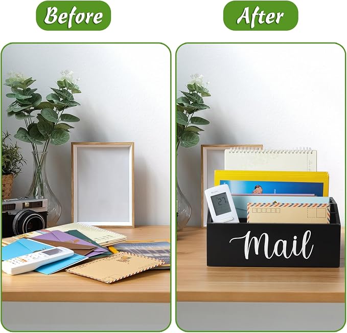 DRASTAR Mail Organizer Countertop, Mail Holder with 4 Slots, Wood Mail Sorter, Bill Organizer for Desk, Mail Storage Organizer for Home Office