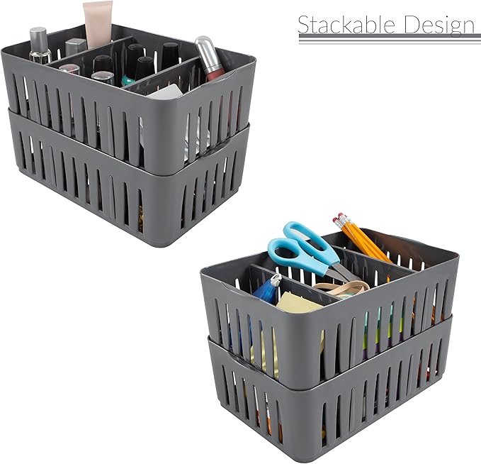 Simplify 4 Pack 3 Compartment Stackable Bin with Adjustable Dividers | Drawer Organizer | Storage Basket | Good for Office | Desk Supplies | Dorm | Bathroom | Accessories | Make Up | Grey
