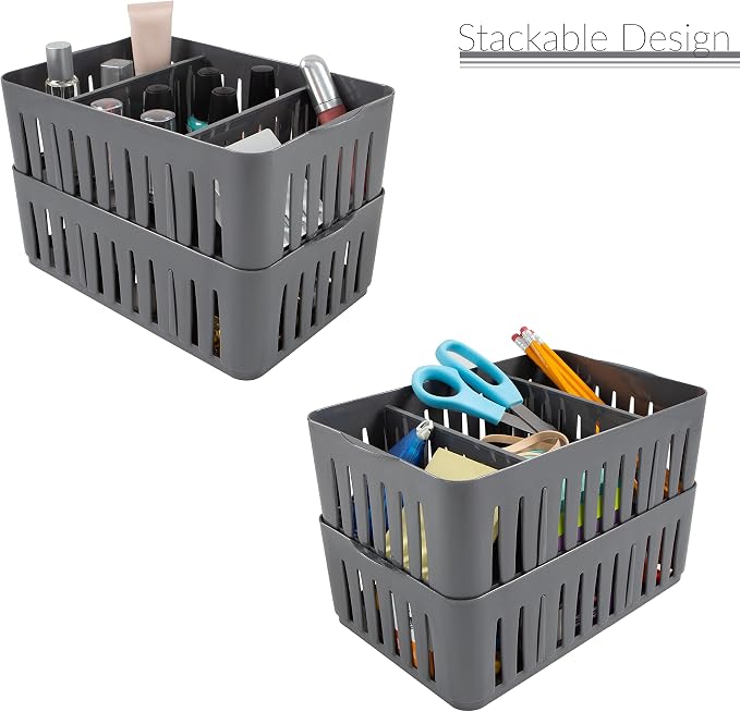 Simplify 2 Pack Compartment Stackable Bin with Adjustable Dividers | Drawer Organizer | Storage Basket | Good for Office | Desk Supplies | Dorm | Bathroom | Accessories | Make Up | Grey