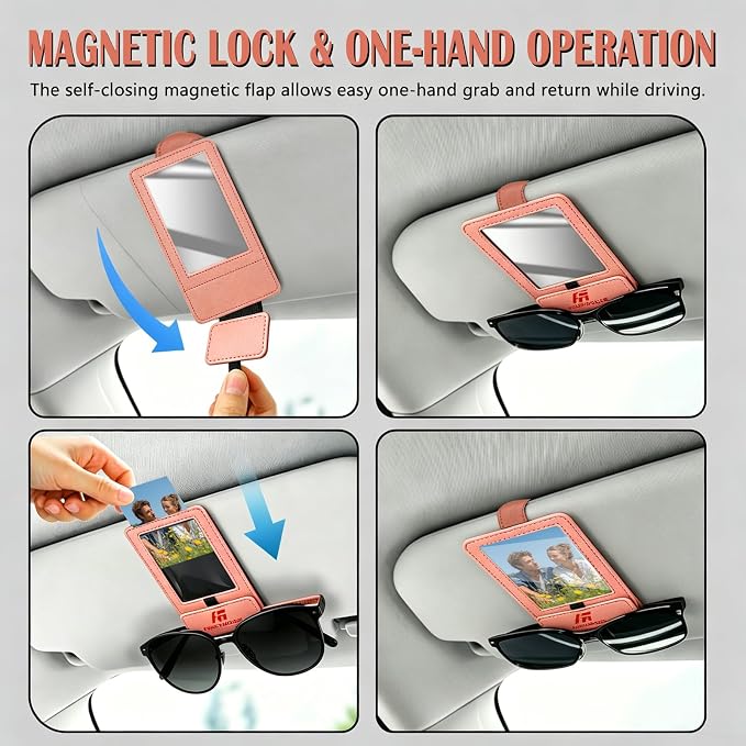 Magnetic 2-in-1 Sunglass & Photo Holder for Car Visor, Leather Anti-Slip No-Fall No-Slide, Fits SUV Truck RV