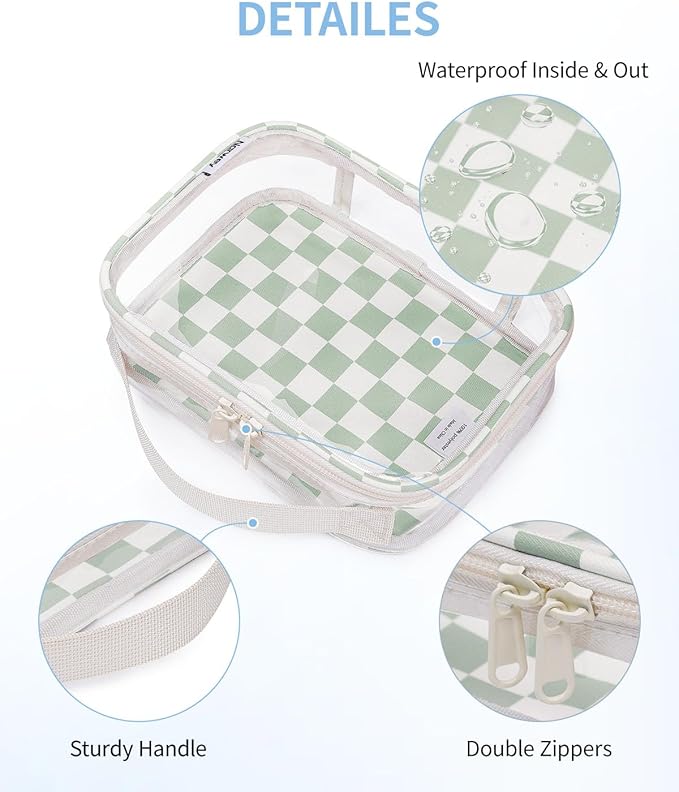 Narwey TSA Approved Toiletry Bag Carry on Clear Toiletry Bag Makeup Bag, Airport Airline Quart Size Travel Bags, Waterproof Portable Compact Cosmetic Make up Organizer Bag (Mint Green Checkerboard)