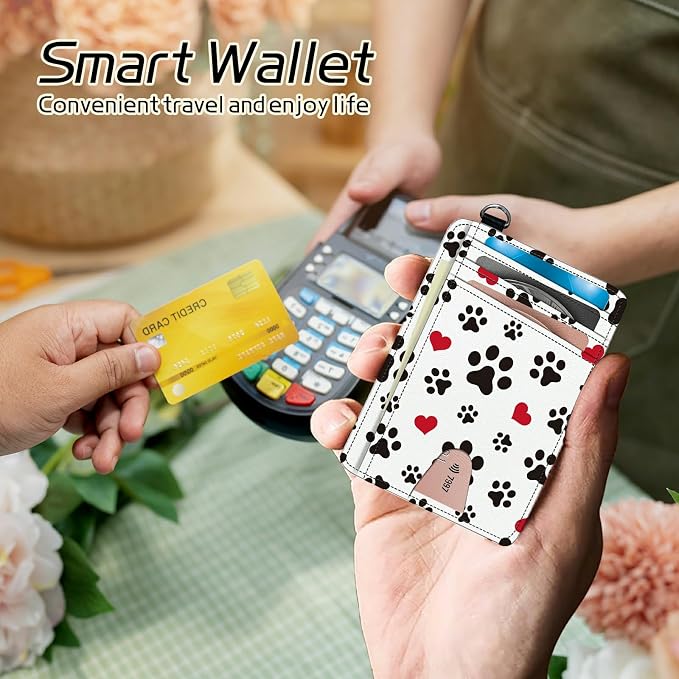 Small Travel Wallets, Cute Dog Paw Prints Slim Minimalist Front Pocket Wallet with Wristlet, RFID Blocking PU Leather Credit Card Holder with ID Window Change Purse for Men Women