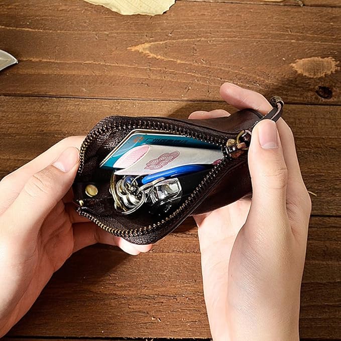 1 Pcs Leather Mini Medieval Pouch Keychain, Coin Organizer, Change Holder,Card Case, Genuine Leather Zipper Storage Bag for Men & Women