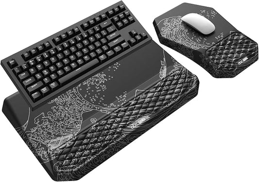 3-in-1 Ergonomic Keyboard Stand with Wrist Rest & Mouse Pad Set, Comfy Keyboard Riser Holder Soft Mousepad with Massage Design, Memory Foam and Non-Slip PU Base for Pain Relief, Black Wave of Kanagawa