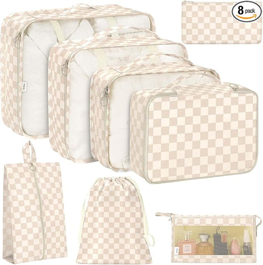 KPX 8 Set Packing Cubes for Travel, Luggage Packing Organizers Accessories Large Toiletries Bag for Clothes Shoes Cosmetics (Two-tone Khaki)