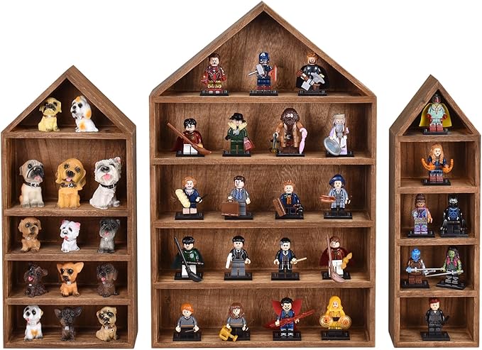 Ikee Design 3 Pcs Set House-Shaped Shelf Wooden Shadow Cubby Box Display Shelf Organizer Storage Display Shadow Box for Mini Figures,15 Compartments, Brown Color
