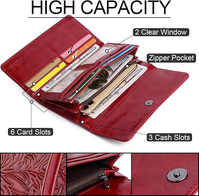 MEITRUE Women's Wallet Leather RFID Blocking Trifold Ladies Purse Embossed long Clutch Card Holder Phone Checkbook Organizer