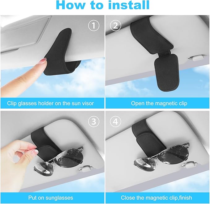 TCJJ Sunglasses Holders for Car Visor,Car Magnetic Glasses Holder Leather Sunglasses Clip and Ticket Card Clip Suitable for Car Interior Visor and Different Size Eyeglasses(Black/2)