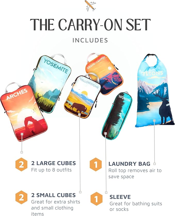 Compression Packing Cubes for Travel, 6-Piece Lightweight Packing Cubes Set for Carry-On Luggage & Backpacks – TRIPPED Travel Gear (National Park)