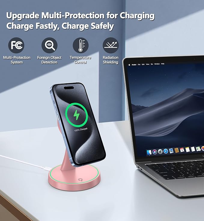 Magnetic Wireless Charger Stand 15W Fast Mag-Safe Charger for iPhone 17 /17 pro/ 17 Air/ 17 pro max 16/15/14/13/12 Series Magnet Wireless Charging Station/Pad with Sleep-Friendly Light for AirPods