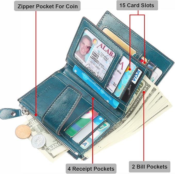 Lavemi Small Compact Women Wallet RFID Blocking Genuine Leather Bifold Purse with ID Windows