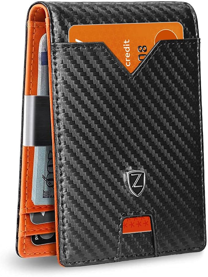 Zitahli Slim Wallet for Men with Money Clip, Minimalist Front Pocket RFID Blocking Leather Wallets Bifold Credit Card Holder, 11 Card Slots and ID Window with Gift Box