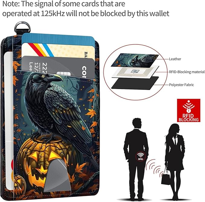 Slim RFID Blocking Card Holder Wallet with Wrist Strap - Minimalist Front Pocket Wallet, Crow Pumpkin Design, PU Leathe, for Men & Women, Ideal for Travel & Gifts