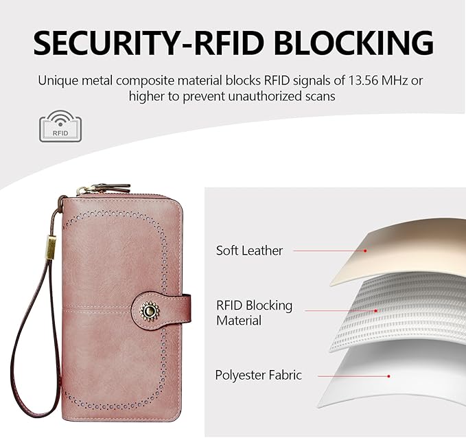 TFKGS Wallet for Women RFID Blocking Leather Large Capacity Card Holder Ladies Phone Clutch Travel Long Purse Wristlet | RFID Blocking, Leather, Large Capacity, Ladies, Travel