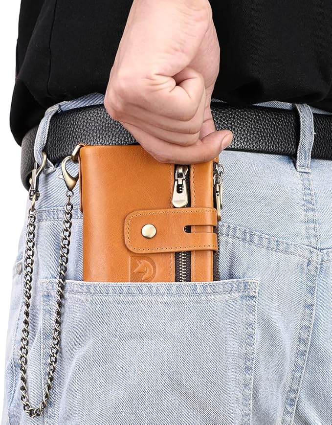 Mens Wallet with Chain Genuine Leather Purse RFID Blocking Biker Bifold Wallet with Anti-Theft Chain
