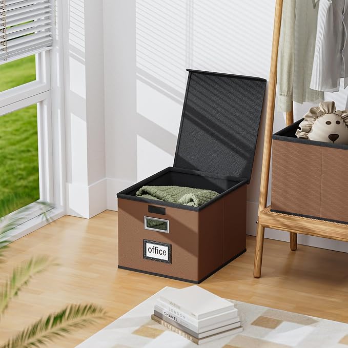 Faux Leather File Organizer Box with Lid, Collapsible Hanging File Folder Box Organizer with Plastic Slides, Decorative Home/Office Filing System Boxes for File and Folder Storage-Brown