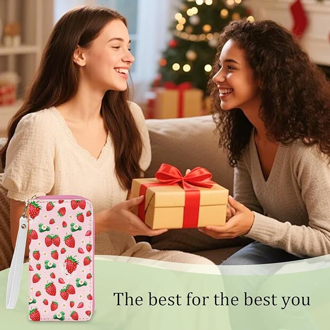 Strawberry Lovers Gift for Womens Wallet - Slim PU Leather Pink Strawberry Wallet for Women with Zipper, Credit Card Holder Wallets, Wristlet Wallets for Female Ladies Girls Birthday